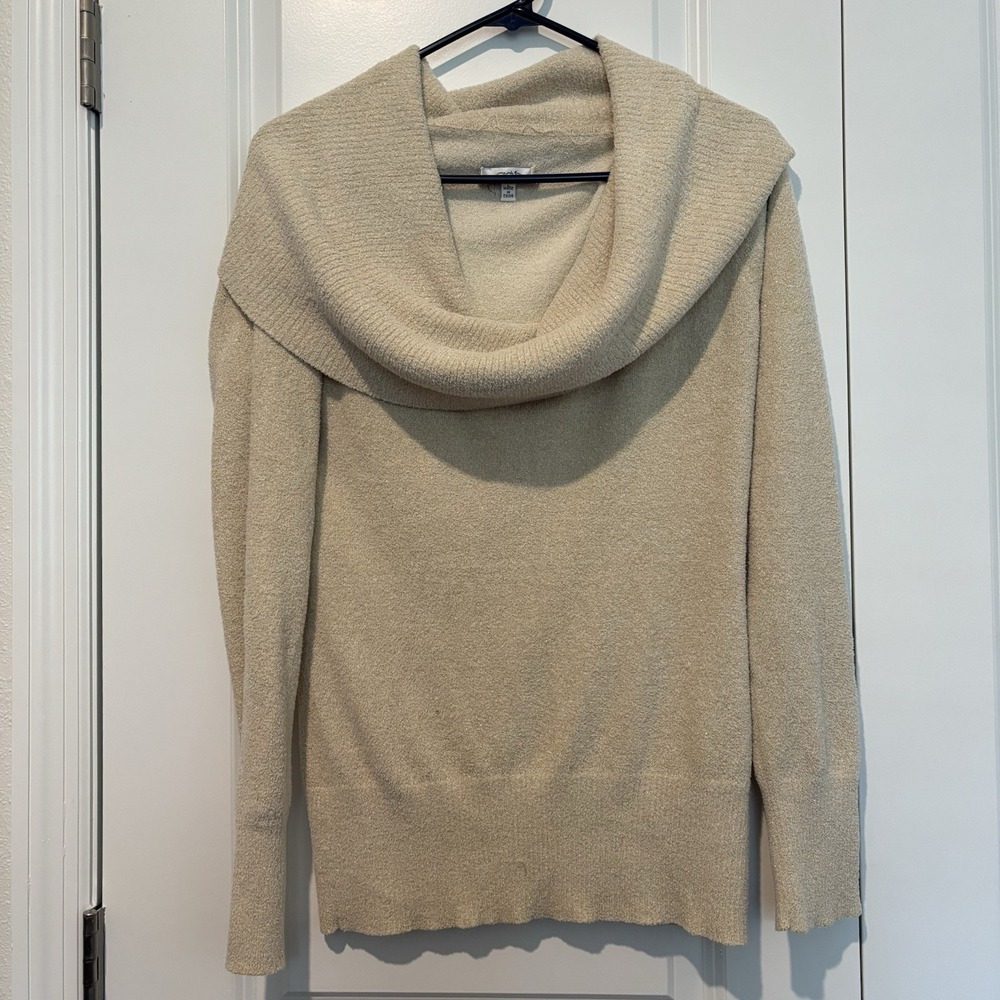 Cache Cowl Neck Sweater Womens Medium Ivory Gold Metallic Shimmer Soft Fuzzy